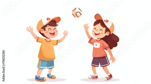 Smiling preschool boy girl kids playing with basebal