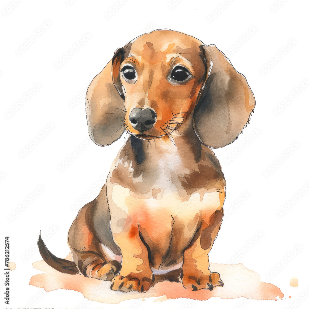A brown and white dachshund puppy, a dog breed, is sitting on a white background