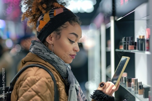Woman browsing cosmetics on shelf in department store in New York City, USA, shopping for beauty products © VICHIZH