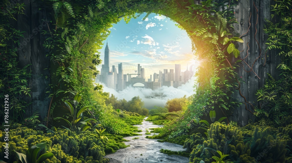 An artistic rendering of a doorway leading to a future where sustainable transportation and green infrastructure prevail An artistic rendering of a doorway leading to a future where sustainable transportation and green infrastructure prevail