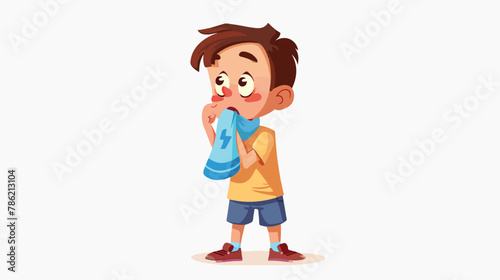 Standing boy kid holding dirty smelling sock in hand