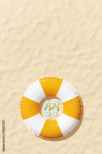 Summer vacation concept. Aerial view of inflatable swim ring and flip flops on sandy beach. Tropical background for postcard, poster, promotion of summer goods. 3D illustration, copy space, render.