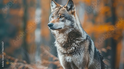 Grey wolf portrait nature landscape with mountains and forest