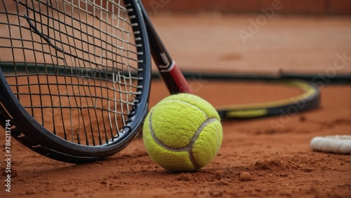 Close up of Tennis racket and ball on clay court. © xKas