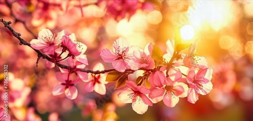 Cherry Blossoms in Full Bloom, Delicate Pink Flowers Against a Soft Blue Sky, Embodying the Essence of Spring