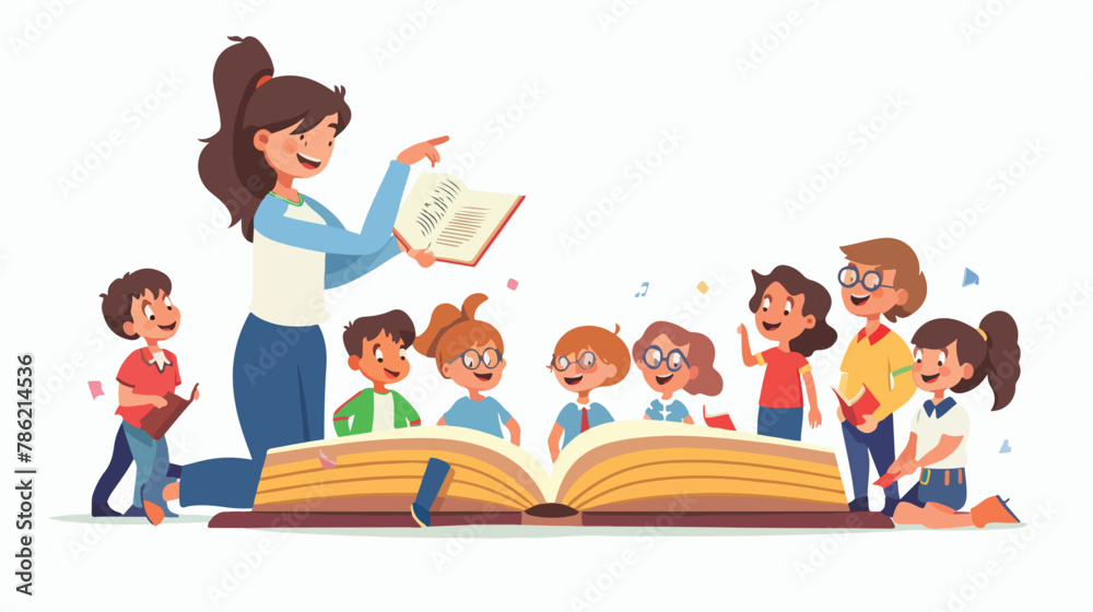 Teacher woman pointing at big book page teaching kids