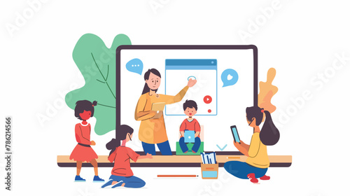 Teacher woman teaching students kids online. School g