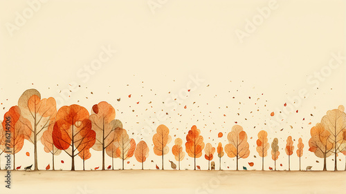 watercolor autumn yellow trees on a white background, a row of autumn trees simple illustration