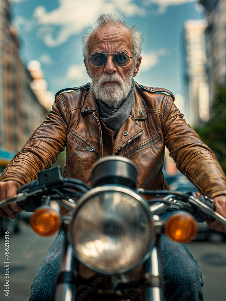 portrait of an elder man with funky sunglasses driving a vintage motorcycle in a city in beautiful autumn day, trendy lifestyle for retired man