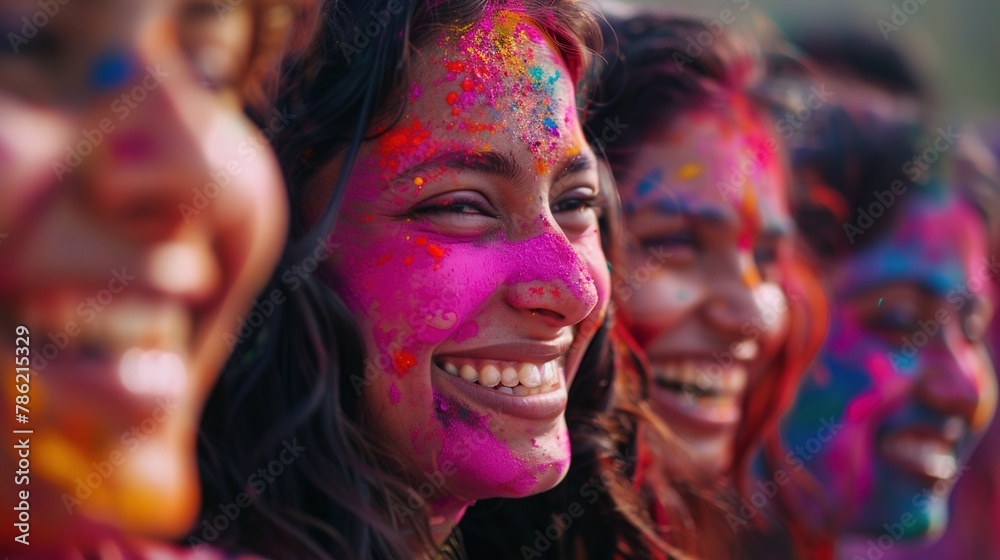 Smiling faces smeared with bright colors, capturing the essence of unity, joy, and togetherness as people come together to celebrate the vibrant festival of Holi.