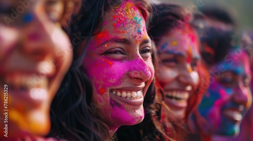 Smiling faces smeared with bright colors, capturing the essence of unity, joy, and togetherness as people come together to celebrate the vibrant festival of Holi.