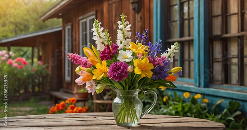 bouquet of flowers isolated on colorful house background