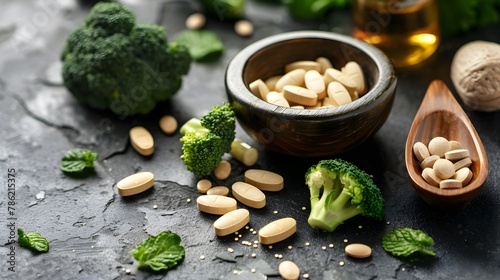 Green Nutrition: Broccoli Slices, Herbal Pills, and Nutrient-Rich Treat