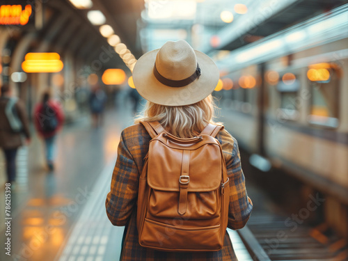 blonde middle aged woman wearing a hat and a jacket and backpack seen from behind on the platform of a train station on a beautiful morning, commute public transport  © Deea Journey 