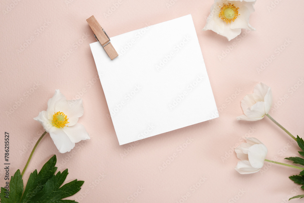 Flowers composition of Anemone flowers and blank square card for text on a beige background. Mothers day, womens day concept. Flat lay, top view. Space for text. Mock up. Flowers composition of Anemone flowers and blank square card for text on a beige background. Mothers day, womens day concept. Flat lay, top view. Space for text. Mock up.