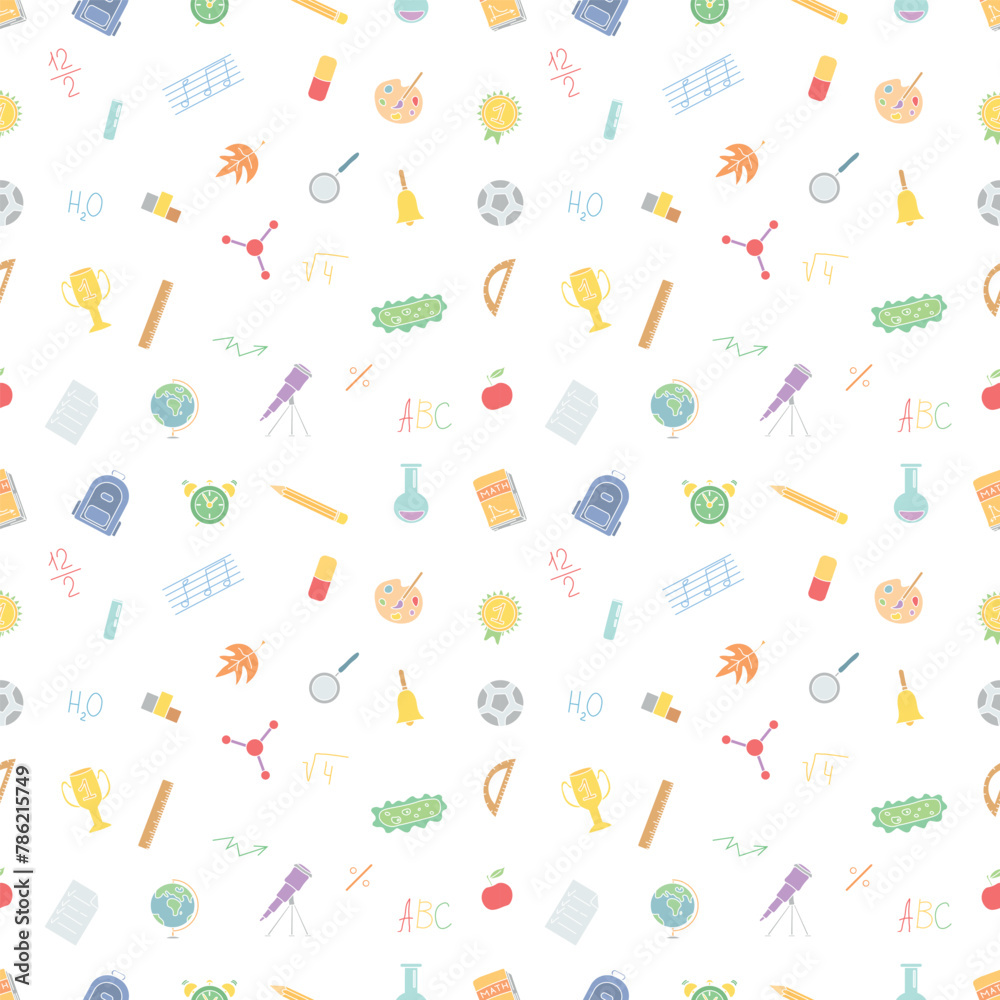 Seamless school pattern. Hand drawn doodle school background. Education illustration