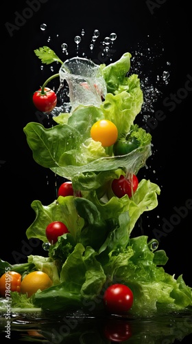 Beautiful vegetables and herbs falling with splashes into the water. On a dark background.