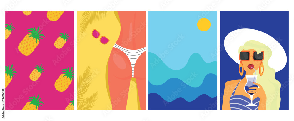 Summer Colorful poster, cover, card set with cute girls on the beach, with cocktails, fruit pattern. Summer time fun concept promotion design. Vertical Background. Flat vector illustration