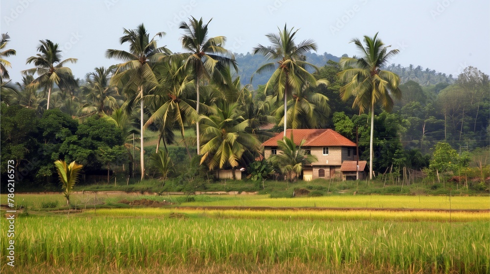 Fototapeta premium Rice fields and terraces on a tropical island with palm trees, beaches, and clear blue skies
