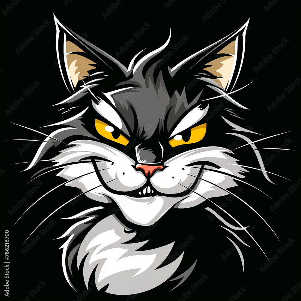 Fototapeta premium Mischievous black and white cat with a sly grin and a cunning look