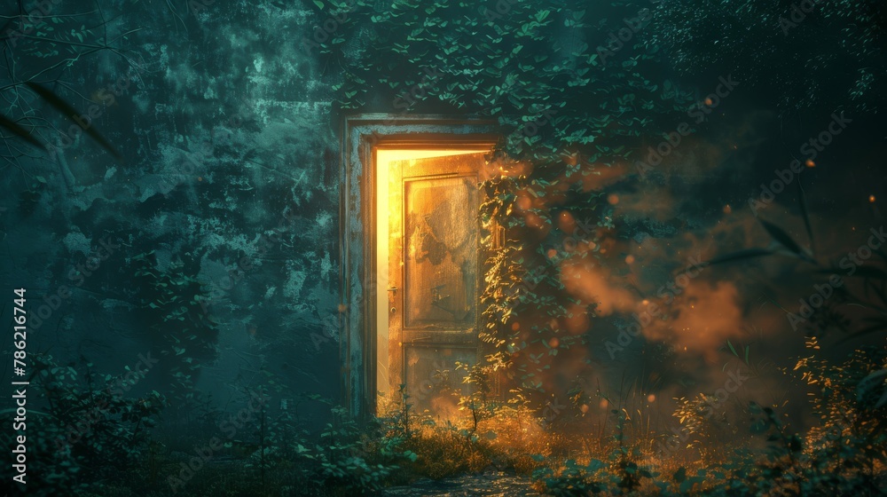 An image of a closed door representing the threshold to a new world of environmental consciousness - obrazy, fototapety, plakaty 