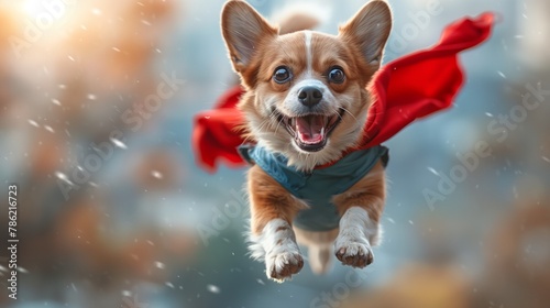A flying corgi dog wearing a cape is soaring through the sky