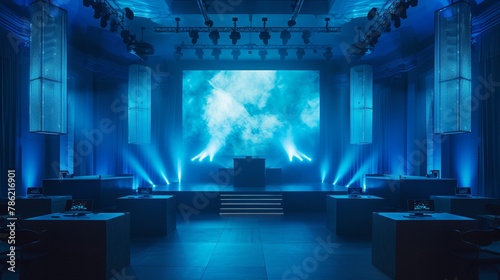 Modern event hall with vibrant blue lighting and digital screens photo