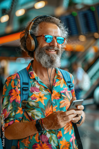 happy man in bright comfy summer clothes and headphones in the airport using smartphone. ai generated © dark_blade