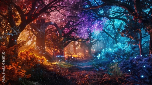 A surreal dreamscape featuring an otherworldly forest, where bioluminescent trees and exotic flora create a mystical landscape of vibrant colors and enchanting beauty.