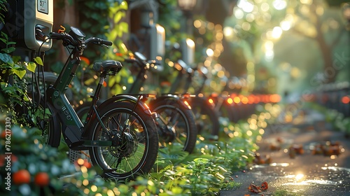 A row of electric bikes charging at a docking station in front of a park.