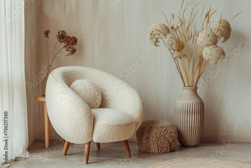 Living room interior with copy space, boucle armchair, vase with dried flowers, round pillow.
