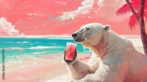 Polar bear sipping a cool drink, escaping the cold, on a tropical pink beach background, embodying relaxation photo