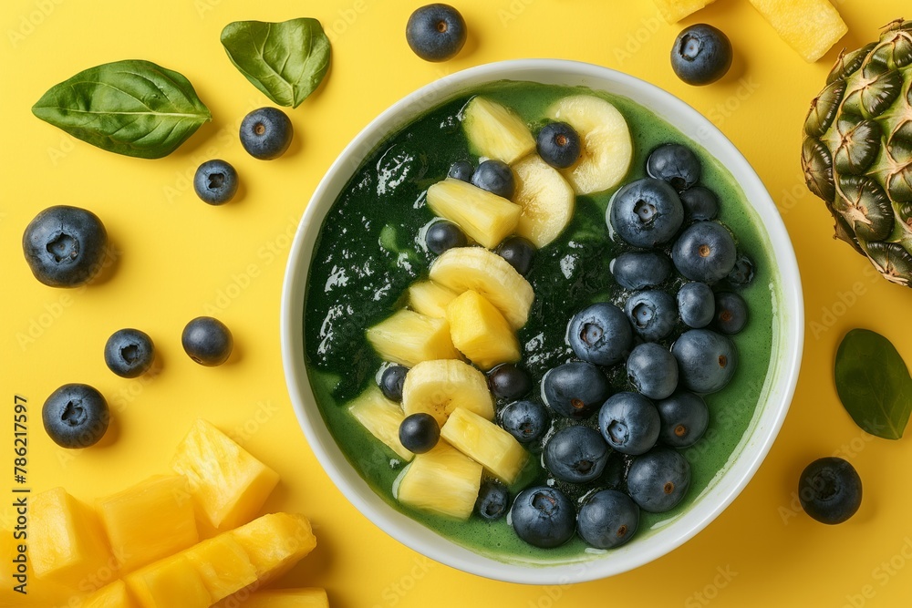 Bowl with spirulina and pineapple, blueberries on a yellow background. Flat lay. Concept: nutritional supplements, healthy food, product for detox or superfoods, healthy breakfast. Bowl with spirulina and pineapple, blueberries on a yellow background. Flat lay. Concept: nutritional supplements, healthy food, product for detox or superfoods, healthy breakfast.