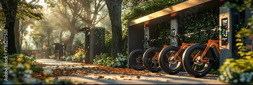 A row of electric bikes charging at a docking station in front of a park.