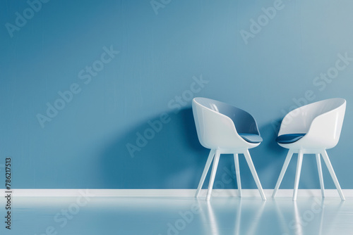 Modern blue and white chairs standing in interior empty blue room for copy space.