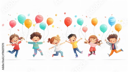 Children become enthusiastic and joyful as they hold vivid balloons a Happy Children s Day depicted over a white backdrop and space  Generative AI.