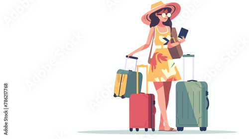 Tourist woman wearing summer dress hat standing 