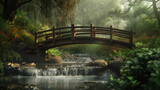 rustic wooden bridge spanning a bubbling stream in a lush forest