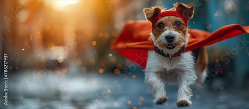 A Canidae dog of the Sporting Group wears a red cape and hat photo