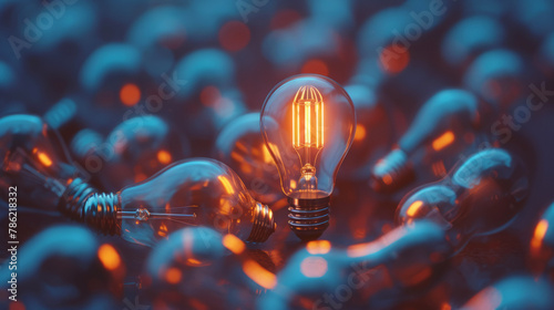 Illuminated lightbulb standing out among unlit bulbs, concept of unique idea photo