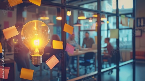 A brainstorming session in a modern, open-plan office, with sticky notes forming the shape of a lightbulb on the wall, each note a contribution to the burgeoning company's startup vision.