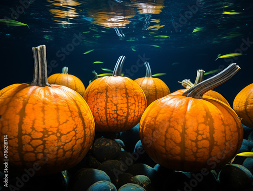 A group of pumpkins sitting on the bottom of a lakebed with fish swimming above them photo