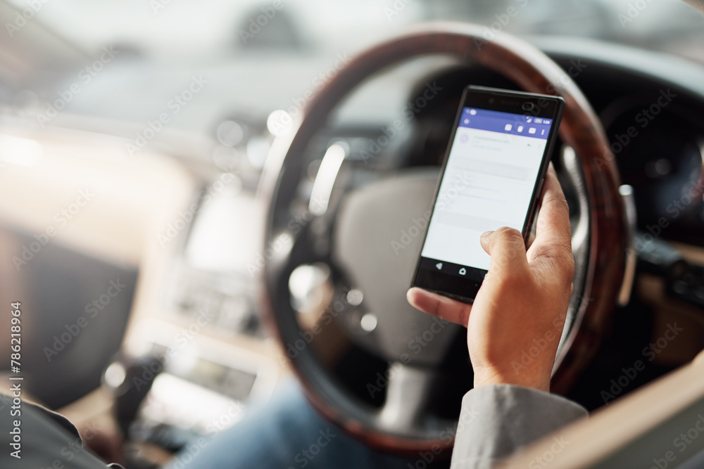 Driver, car and smartphone for direction on road trip for holiday, vacation or adventure. Person, vehicle and steering wheel for transportation, taxi delivery and professional ride share services Driver, car and smartphone for direction on road trip for holiday, vacation or adventure. Person, vehicle and steering wheel for transportation, taxi delivery and professional ride share services