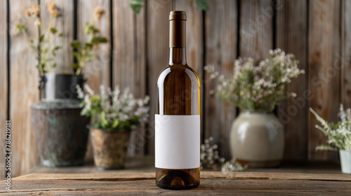 Empty wine bottle label mockup on a rustic background for design © Mars0hod