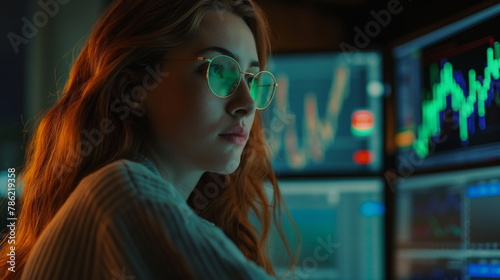 Businesswoman analyzing stock market charts with focus and determination, Financial Investment © Mars0hod