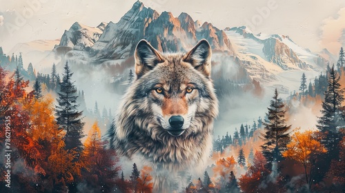 Wolf portrait double exposure mountain nature forest overlay