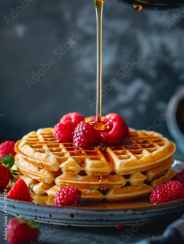 vertical photo Stack of waffles with maple syrup with raspberries and strawberries on a dark platter
