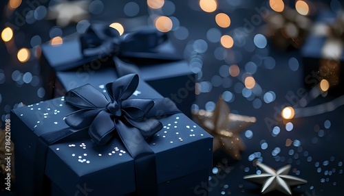 Elegant Dark Blue Gift Boxes with Light Blue Bows, Star Shaped Lights, Product Photography photo
