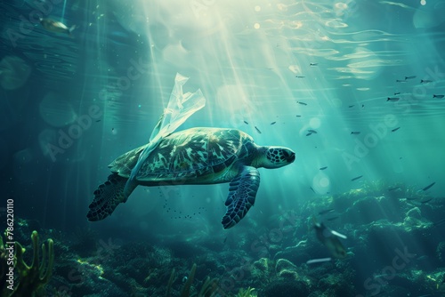 a large turtle in the ocean got entangled in a plastic bag. wide shot of a turtle swimming among the carals. sunlight penetrates the ocean floor