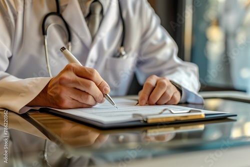 Close up of male doctor filling medical chart, checklist document, patient's information on clipboard. Doctor writing, signing on health insurance document in hospital, healthcare and medicine concept